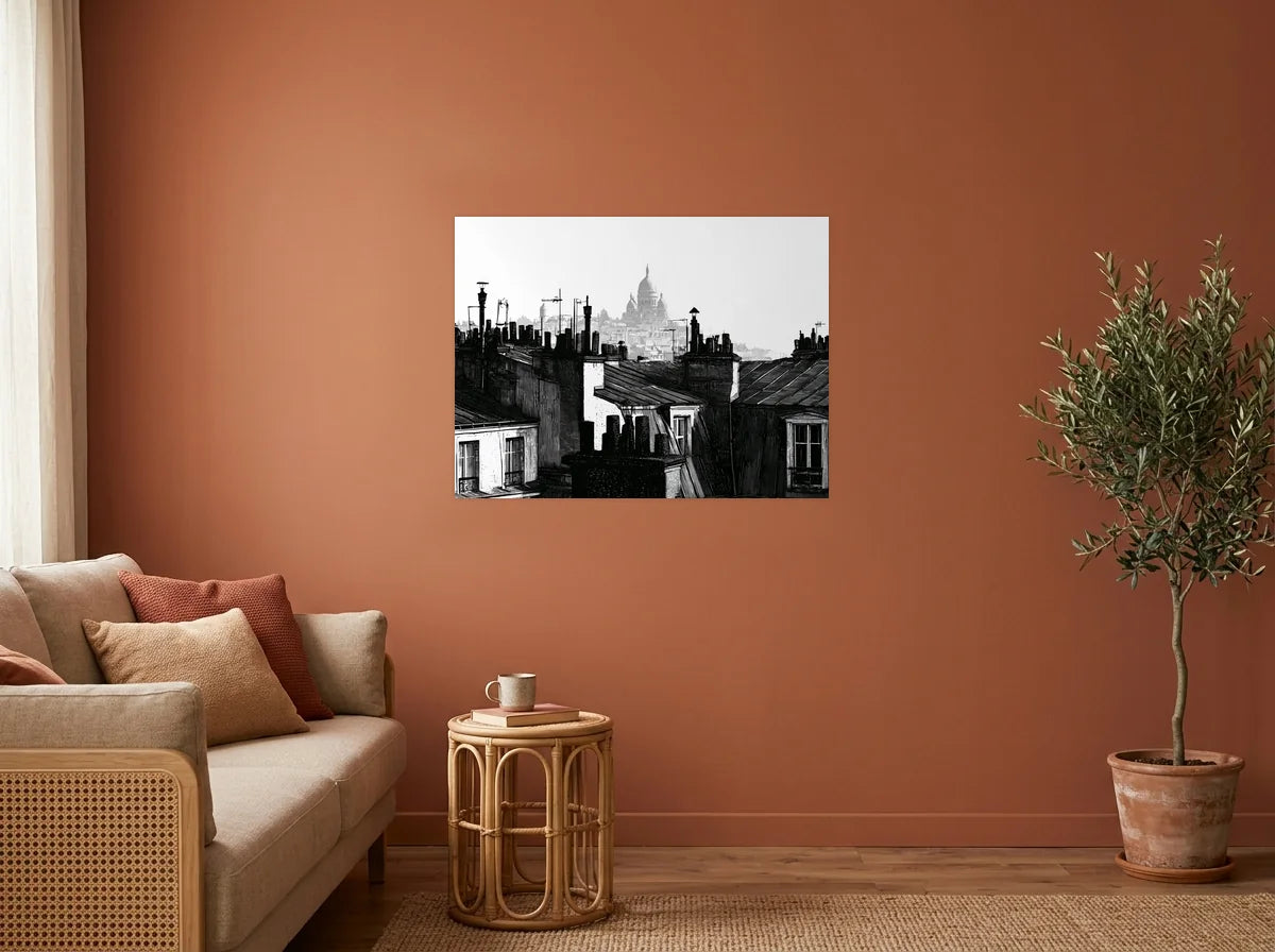 Tableau toits de montmartre noir et blanc sur toile 2 cm, présenté dans un salon aux murs terracotta