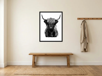 Tableau vache highland de face noir et blanc en toile encadrée noire, présenté dans entrée crème avec banc en bois