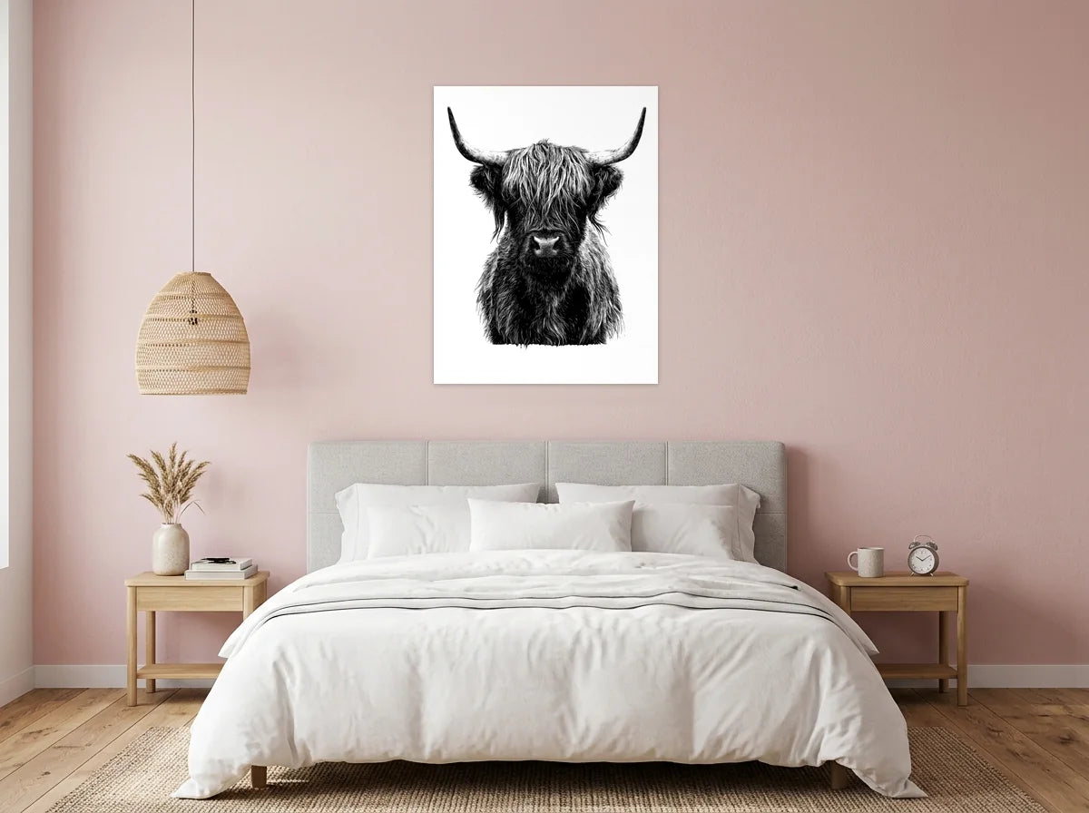 Tableau vache highland de face noir et blanc sur toile 2 cm, présenté dans chambre aux murs rose poudré