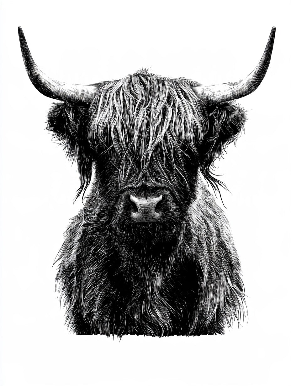 Œuvre du tableau vache highland de face noir et blanc, vue complète du visuel