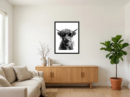 Tableau vache highland à lunettes noir et blanc en toile encadrée noire, mis en scène dans : salon blanc chaleureux et bois clair