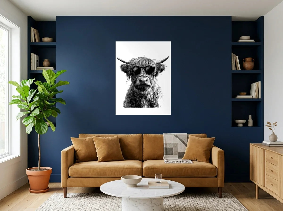Tableau vache highland à lunettes noir et blanc sur toile 2 cm, mis en scène dans : salon aux murs bleu nuit