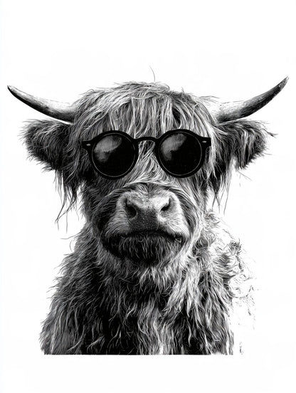 Œuvre du tableau vache highland à lunettes noir et blanc, vue complète et fidèle du visuel