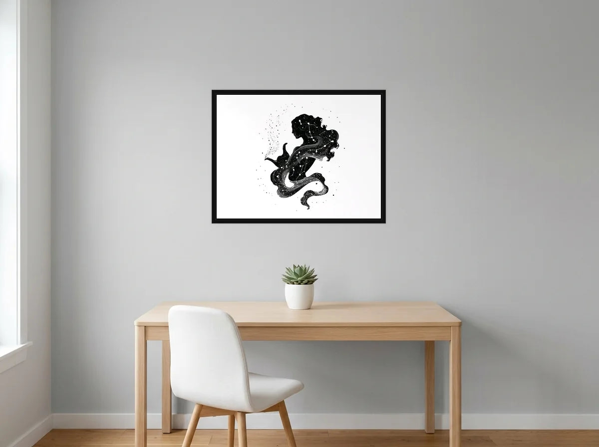 Tableau Verseau Céleste noir et blanc en toile encadrée noire, présenté dans : bureau gris clair lumineux