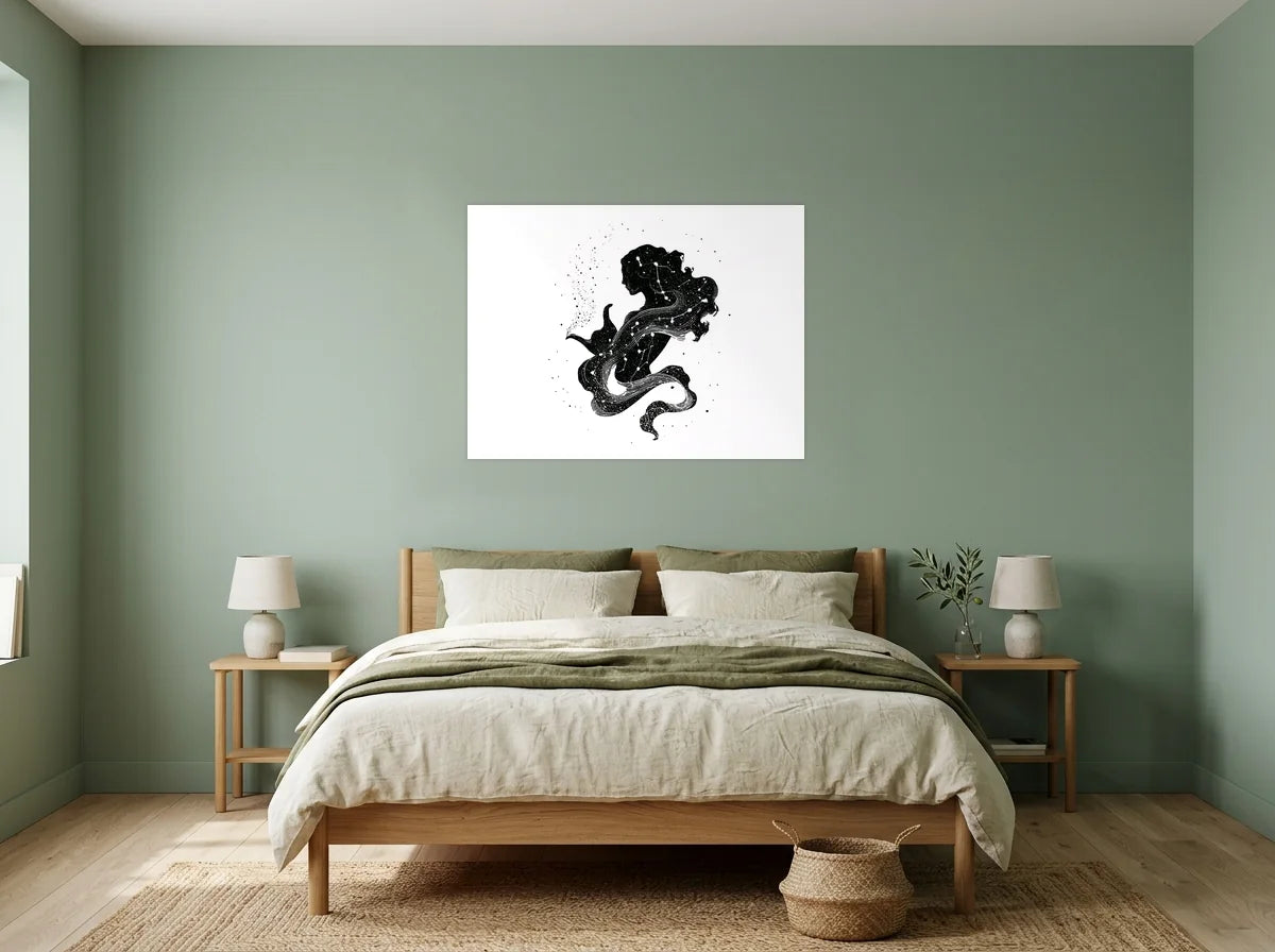 Tableau Verseau Céleste noir et blanc sur toile 2 cm, présenté dans : chambre aux murs vert sauge