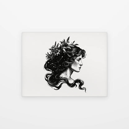 Visuel du tableau vierge couronne végétale noir et blanc présenté seul sur fond blanc, aperçu de l’œuvre imprimée