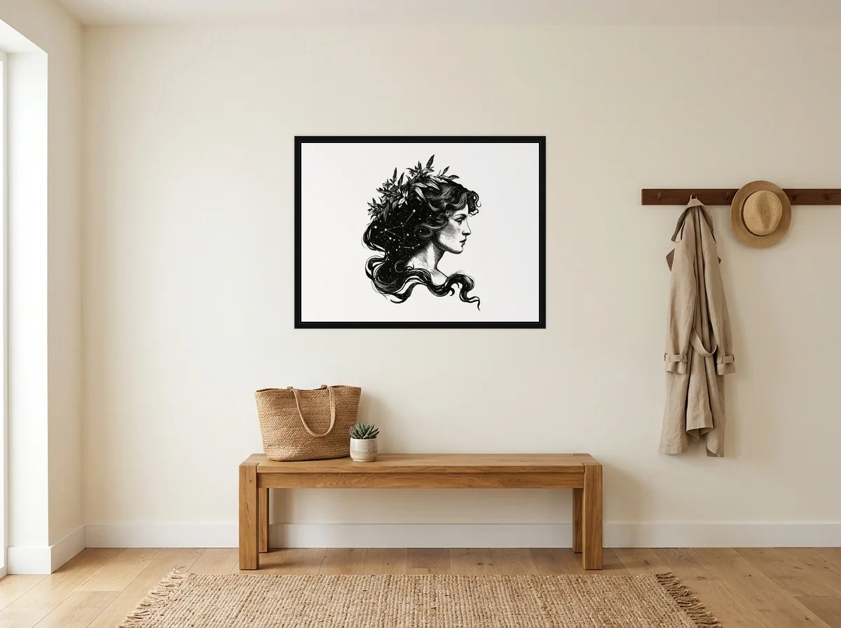 Tableau vierge couronne végétale noir et blanc en toile encadrée noire, présenté dans : entrée crème avec banc en bois
