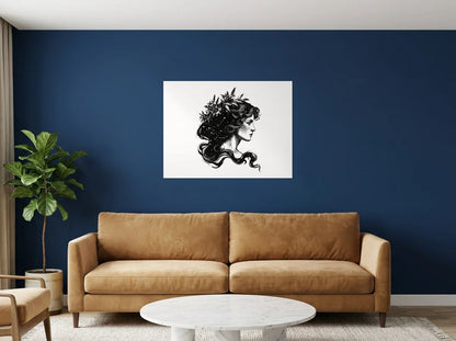 Tableau vierge couronne végétale noir et blanc sur toile 2 cm, présenté dans : salon aux murs bleu nuit