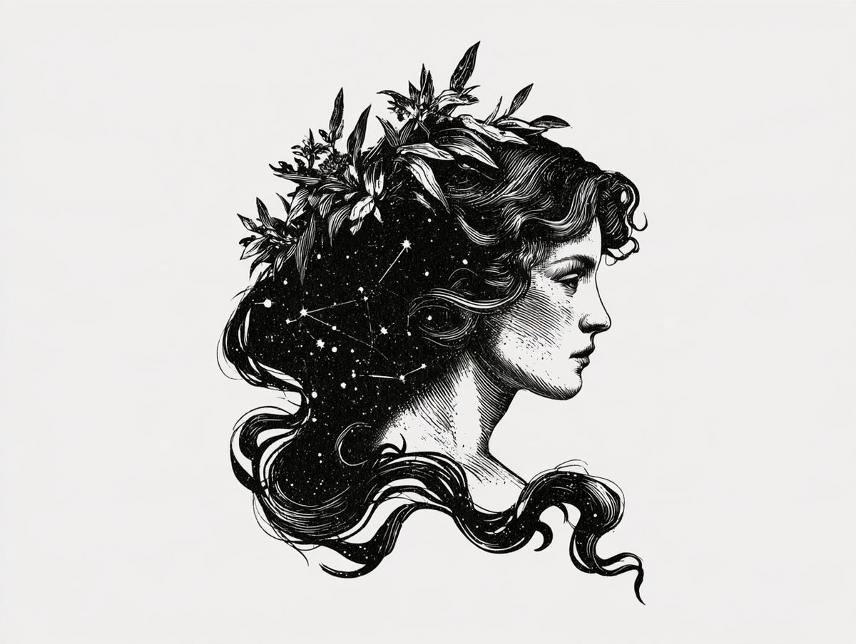 Œuvre complète du tableau vierge couronne végétale noir et blanc, vue fidèle du dessin original