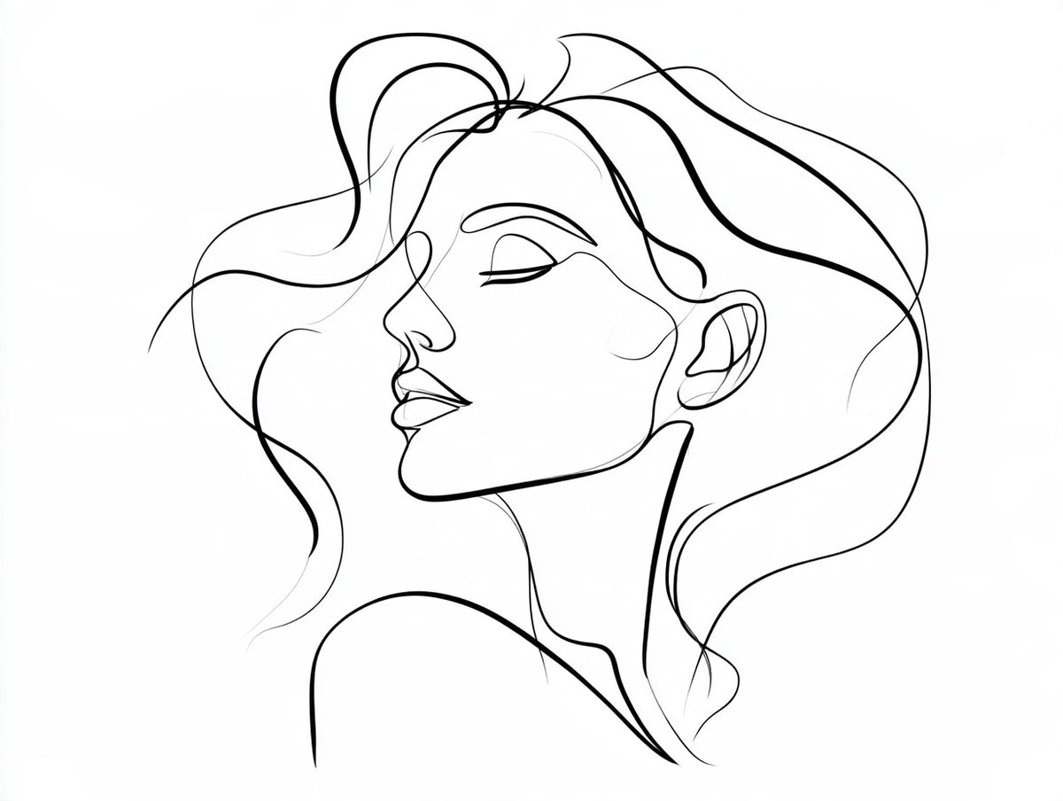 Œuvre complète du tableau visage féminin au trait noir et blanc, vue fidèle du visuel