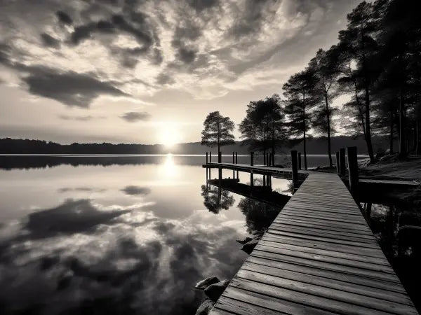 Un Tableau Ponton Lac Nature Noir et Blanc capture un ponton en bois dans un lac, ses reflets reflétant les arbres et les nuages. Le soleil est bas à l'horizon, partiellement masqué par les nuages, créant une œuvre d'art captivante.