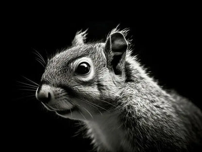 Photo en gros plan en noir et blanc du profil d'un Tableau Gros Plan Ecureuil Animal Mignon Noir et Blanc sur un fond sombre. L'œil et les moustaches de l'écureuil sont bien détaillés, mettant en valeur sa beauté naturelle.