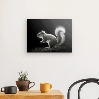 Un Tableau Ecureuil Portrait Animal Noir et Blanc est monté sur un mur blanc uni au-dessus d'une table en bois avec une plante en pot, une tasse jaune et une tasse marron. Une chaise noire est partiellement visible.