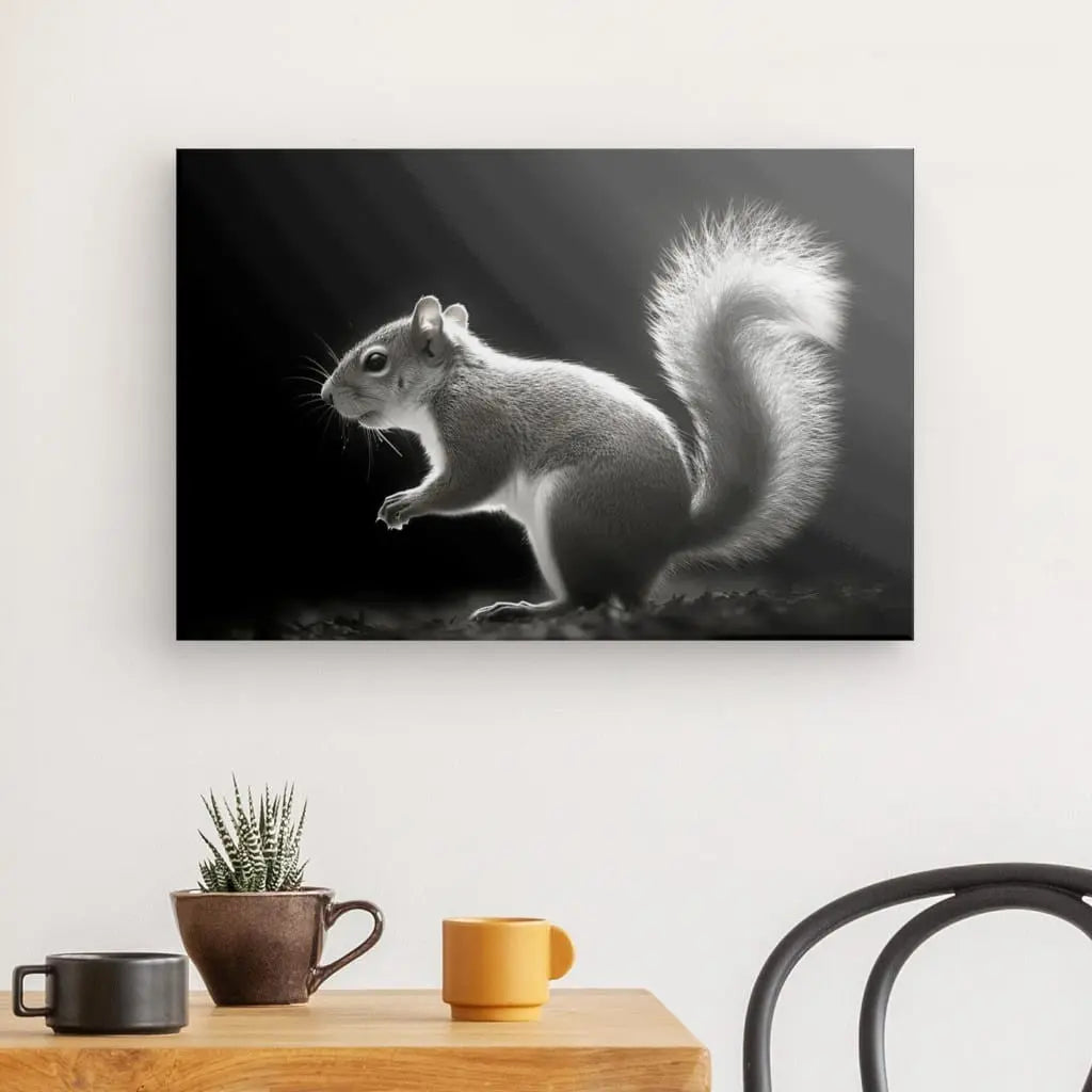 Tableau Ecureuil noir et blanc Portrait Animal Noir et Blanc d'un écureuil sur un mur, exposé au-dessus d'une table avec une petite plante en pot, deux tasses et une chaise en bois à côté.