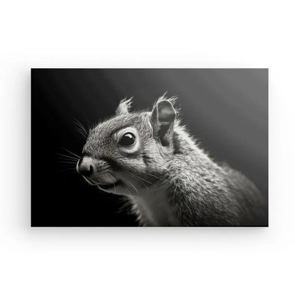 Photographie en gros plan en noir et blanc d'un écureuil captivant tourné vers la gauche, avec une texture de fourrure détaillée visible sur un fond sombre. Le Tableau Gros Plan Ecureuil Animal Mignon Noir et Blanc met en valeur la beauté naturelle de l'écureuil avec des détails saisissants.