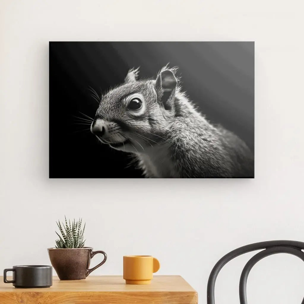 Un Tableau Gros Plan Ecureuil Animal Mignon Noir et Blanc capture le profil d'un écureuil captivant au-dessus d'une table en bois avec une petite plante en pot et deux tasses, à côté d'une chaise.