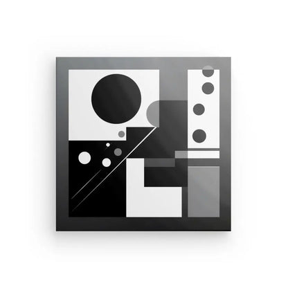 Une œuvre d'art abstraite géométrique en noir et blanc comportant des cercles, des carrés, des rectangles et des lignes, disposés dans un style minimaliste. Ce Tableau Formes Géométriques Noir et Blanc Art Abstrait Décoration Minimaliste Cercles est parfait pour les amateurs d'art géométrique à la recherche d'une déco intérieure minimaliste.