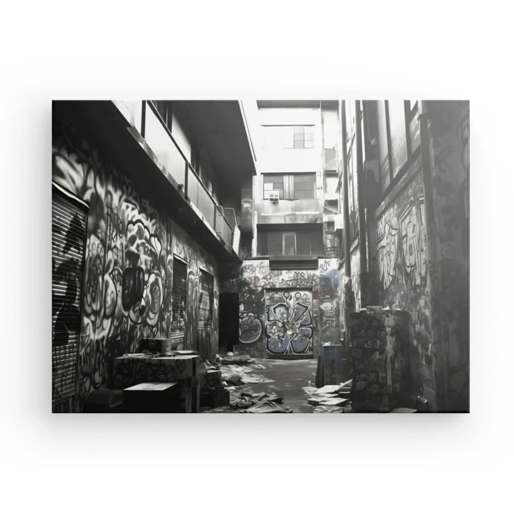 Une ruelle étroite remplie de murs couverts de graffitis et de divers débris éparpillés sur le sol, créant un vibrant Tableau Underground Urbain Tag Graffitis Noir et Blanc, avec des bâtiments et des fenêtres visibles en arrière-plan.