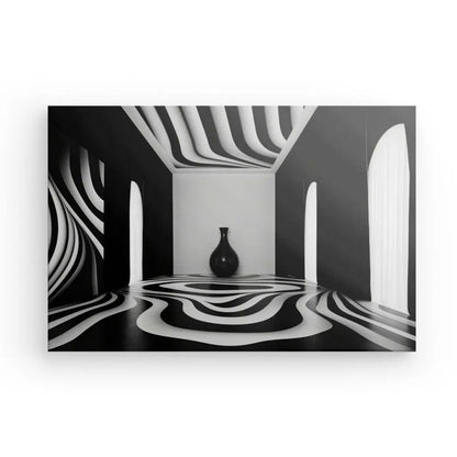 Image en noir et blanc d’une pièce minimaliste avec des motifs à rayures ondulées sur le sol et les murs. Un vase unique, ressemblant à un Tableau Nature Morte Hypnotique Design Art Noir et Blanc, est placé au centre contre le mur du fond. Des arcs avec rideaux sont de chaque côté, rehaussant l'élégante décoration intérieure de ce tableau noir et blanc.