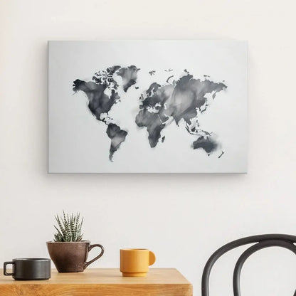 Un Tableau Carte du Monde Mapmonde Fumée Noir et Blanc à l'aquarelle est suspendu au-dessus d'une table en bois avec deux tasses, une jaune et une brune, et une petite plante en pot. Une chaise noire est partiellement visible à côté de la table, créant une ambiance d'art contemporain.