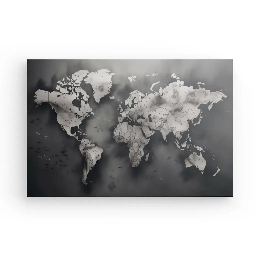 Un Tableau Carte du Monde Vintage Noir et Blanc, sur fond dégradé, montrant les continents aux contours détaillés sur une surface rectangulaire, une œuvre d'art noir et blanc qui apporte une touche d'élégance à votre décoration.