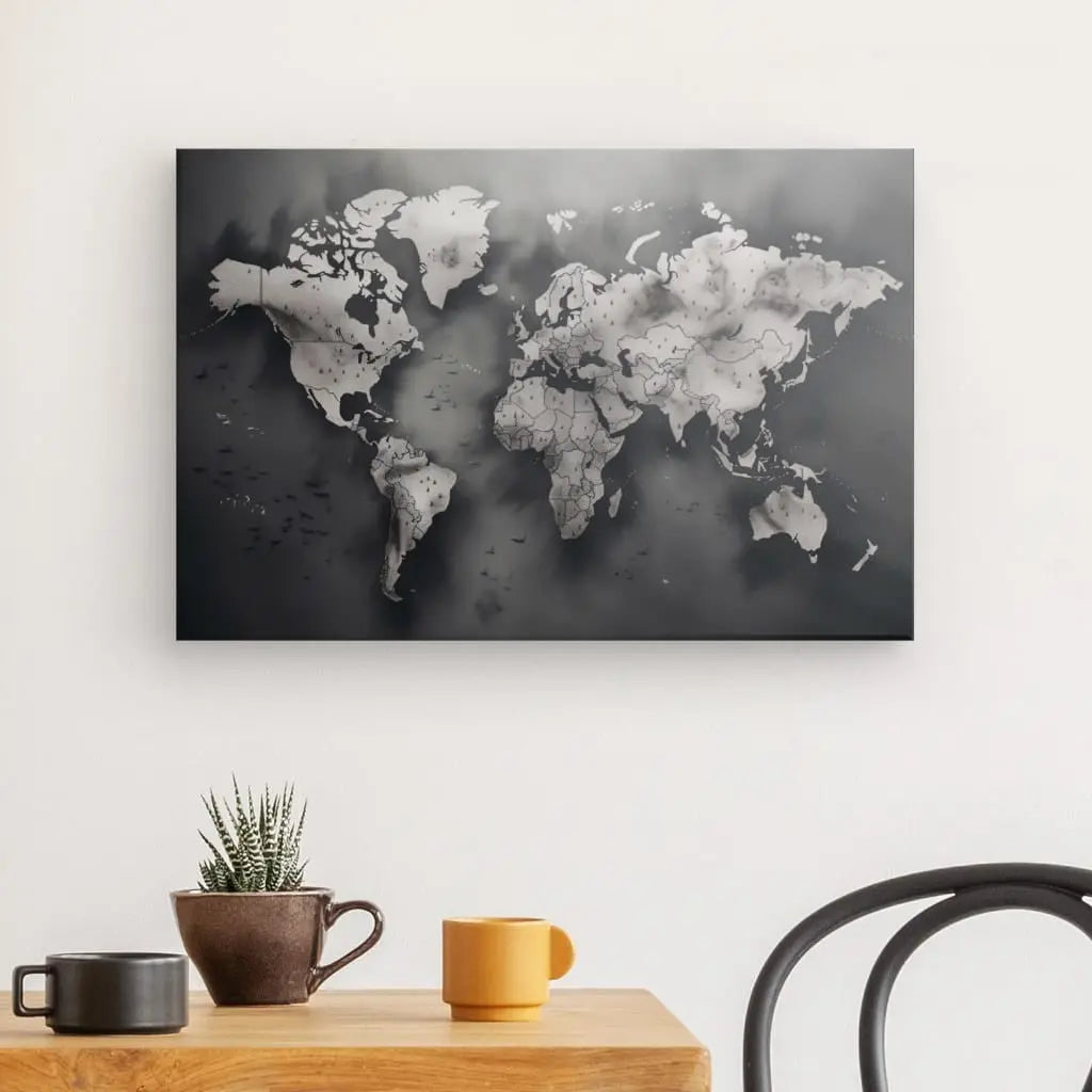 Un Tableau mural Carte du Monde Vintage Noir et Blanc est suspendu au-dessus d'une table en bois avec une petite plante en pot et trois tasses de couleurs différentes. Une chaise noire est partiellement visible à droite. Cette décoration murale élégante lie magnifiquement la pièce.