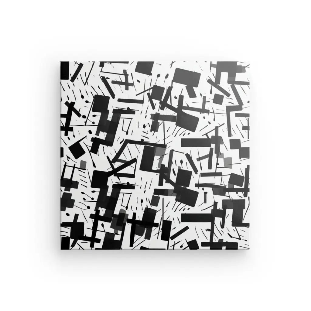 Ce tableau abstrait présente un motif chaotique de formes et de lignes géométriques noires sur fond blanc, créant une impression de mouvement et de fragmentation. La composition Tableau Art Abstrait Confettis Noir et Blanc ajoute une touche de sophistication chic à toute décoration moderne.