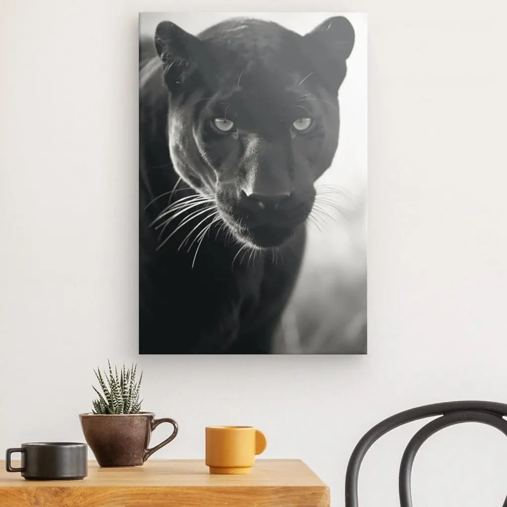 Un Tableau Panthère Noire et Blanc Félin Monochrome, un superbe tableau artistique, est accroché au mur au-dessus d'une table en bois. Sur la table se trouvent une petite plante en pot et trois tasses à café de couleurs différentes. Le bord d'une chaise est visible.