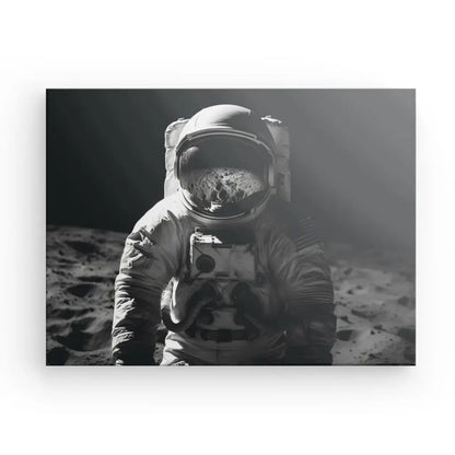 Astronaute en combinaison spatiale debout sur la surface de la lune, créant un saisissant Tableau Portrait Astronaute Lune Voyage Interstellaire Noir et Blanc sur un fond sombre et ombragé.