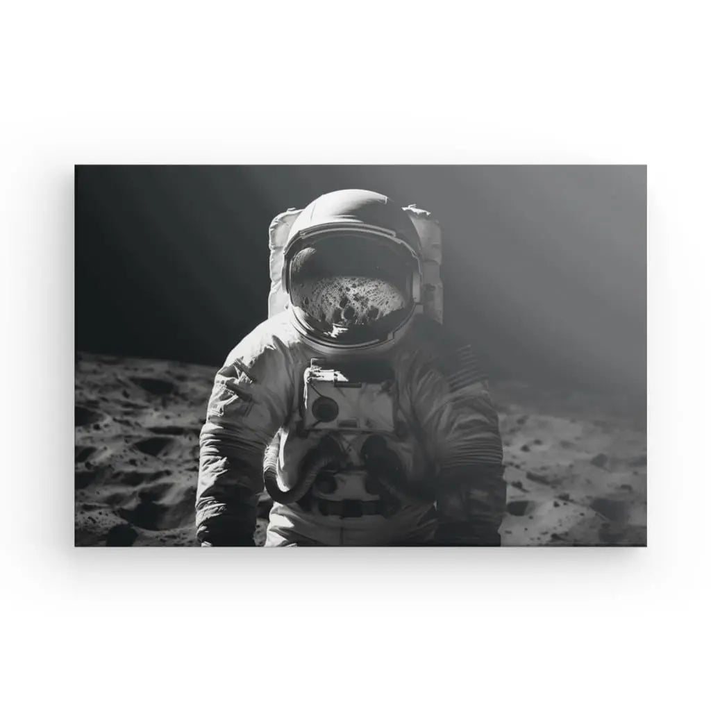 Photo en noir et blanc d'un astronaute en combinaison spatiale debout sur une surface rocheuse, éclairée par une source de lumière venant de la droite. Ce captivant Tableau Portrait Astronaute Lune Voyage Interstellaire Noir et Blanc capture l'essence du voyage interstellaire, mettant en valeur le Portrait Astronaute dans un contraste époustouflant.