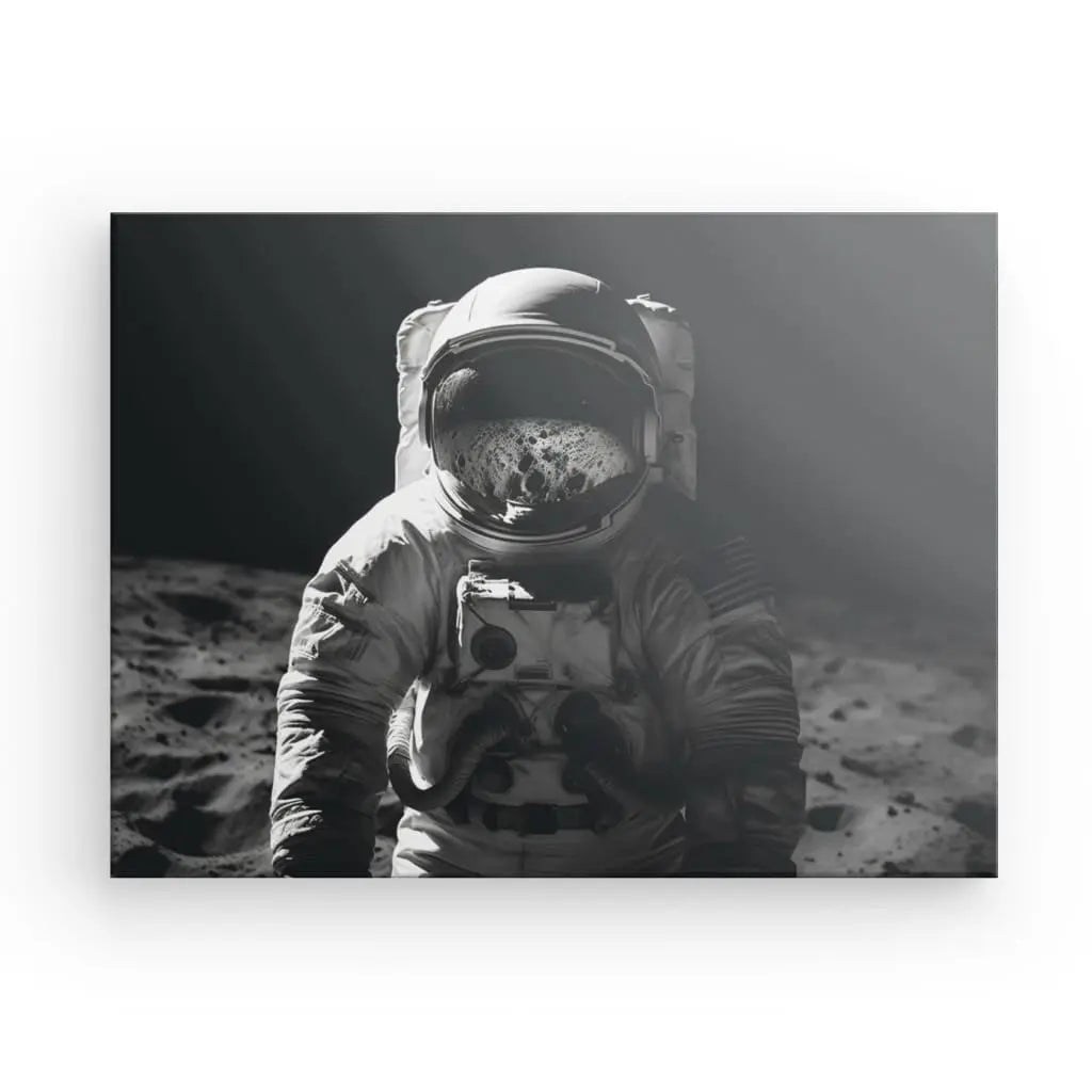 Tableau Portrait Astronaute Lune Voyage Interstellaire Noir et Blanc dans une image en noir et blanc debout à la surface de la lune, portant une combinaison spatiale et un casque. L’arrière-plan montre un paysage lunaire aride et rocheux, évoquant un sentiment de solitude dans ce tableau noir et blanc.