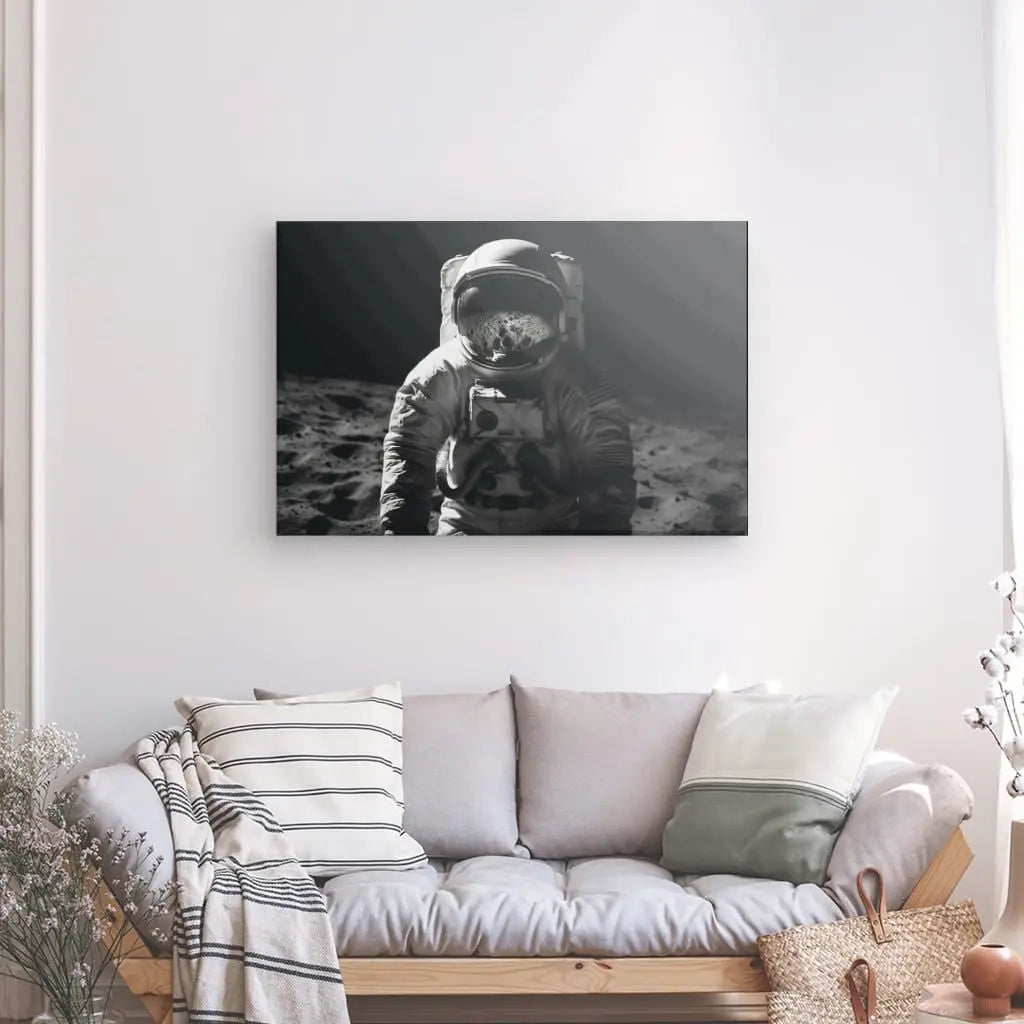 Un salon lumineux avec un canapé gris, des oreillers blancs et gris et un Tableau Portrait Astronaute Lune Voyage Interstellaire Noir et Blanc accroché au mur au-dessus du canapé. Un vase avec des fleurs se trouve sur le côté gauche du canapé.