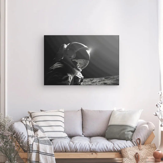 Un Tableau Cosmonaute Voyage Espace Combinaison Spatiale Noir et Blanc est accroché sur un mur blanc au-dessus d'un canapé gris clair orné d'oreillers rayés.