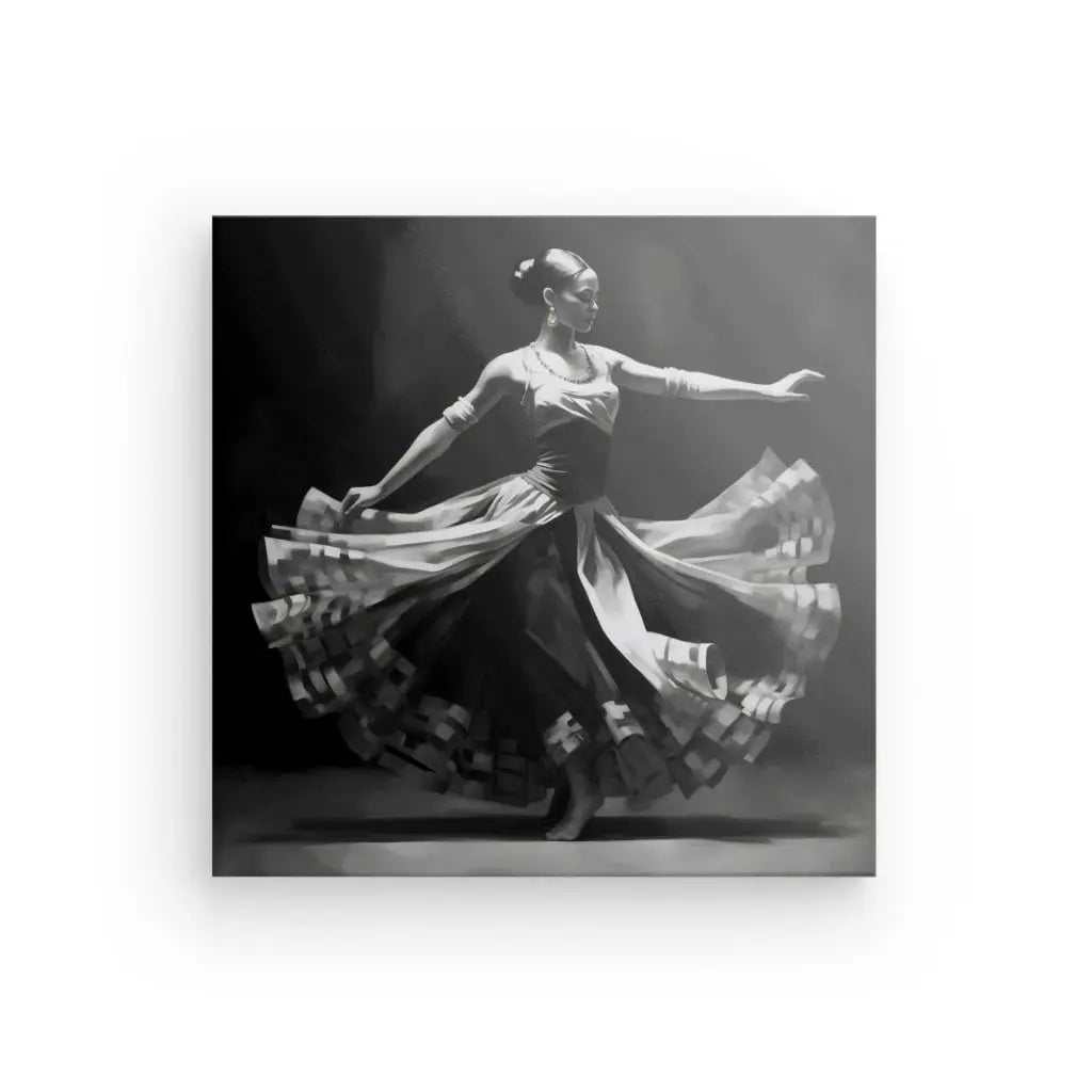 Un Tableau Noir et Blanc Danseuse Peinture Flamenco capture une danseuse de flamenco tournant gracieusement avec un bras étendu, sa longue robe fluide créant un mouvement élégant.