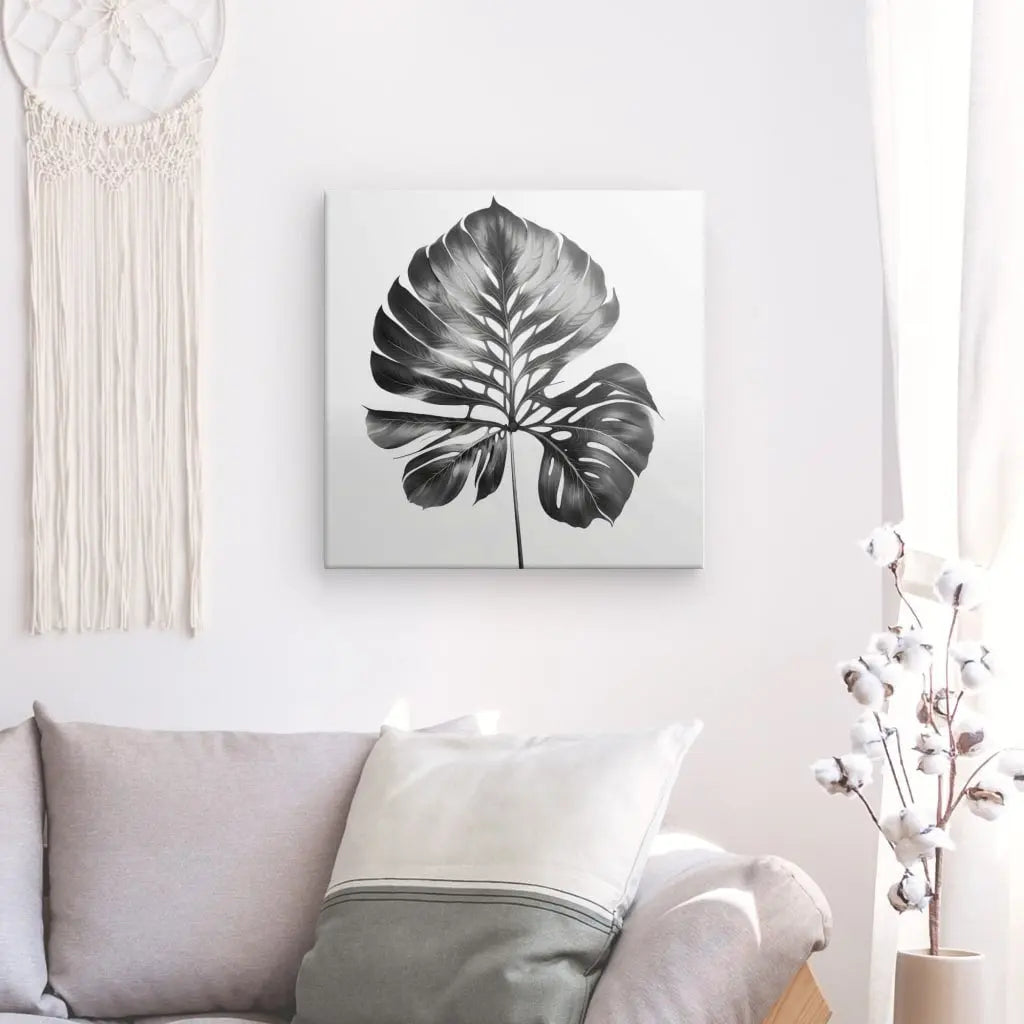 Un Tableau Feuille Végétale Naturelle Noir et Blanc représentant une feuille de monstera est accroché au mur au-dessus d'un canapé beige avec un coussin blanc. Une décoration murale tissée est également visible sur le côté gauche, et un cotonnier est à droite, ajoutant à l'élégance naturelle de la pièce.