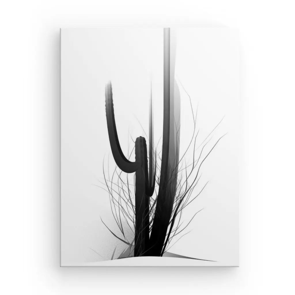 Illustration abstraite en noir et blanc d'un cactus aux branches hérissées sur fond uni. Cette pièce Tableau Cactus Minimaliste Art Moderne Abstrait Noir et Blanc incarne l'art abstrait moderne avec simplicité et élégance.