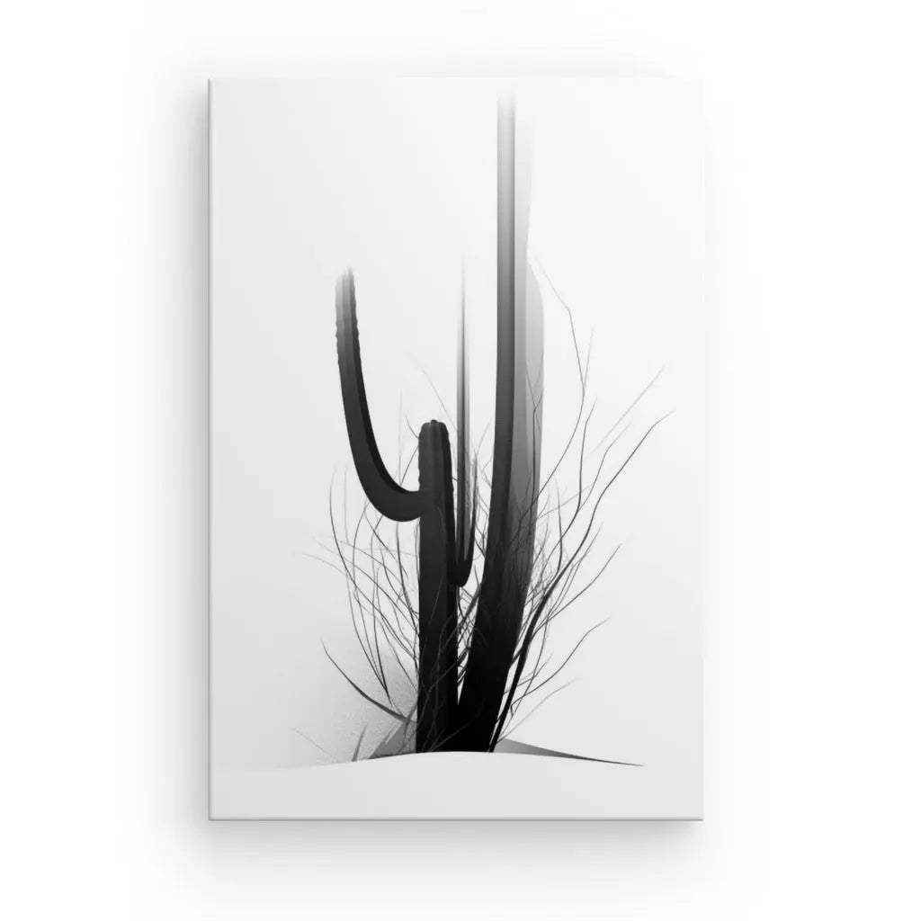 Illustration minimaliste en noir et blanc d'un cactus Saguaro avec des branches hérissées, sur un fond blanc uni. Ce Tableau Cactus Minimaliste Art Moderne Abstrait Noir et Blanc illustre l'essence de l'Art Moderne Abstrait.