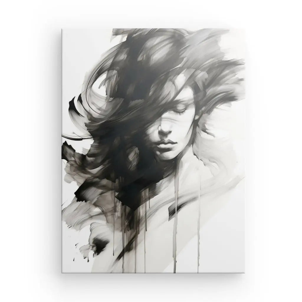 Peinture abstraite en noir et blanc d'un visage de femme aux cheveux flottants et aux lignes floues, ce Tableau Portrait Féminin Aquarelle Noir et Blanc constitue une œuvre d'art captivante.