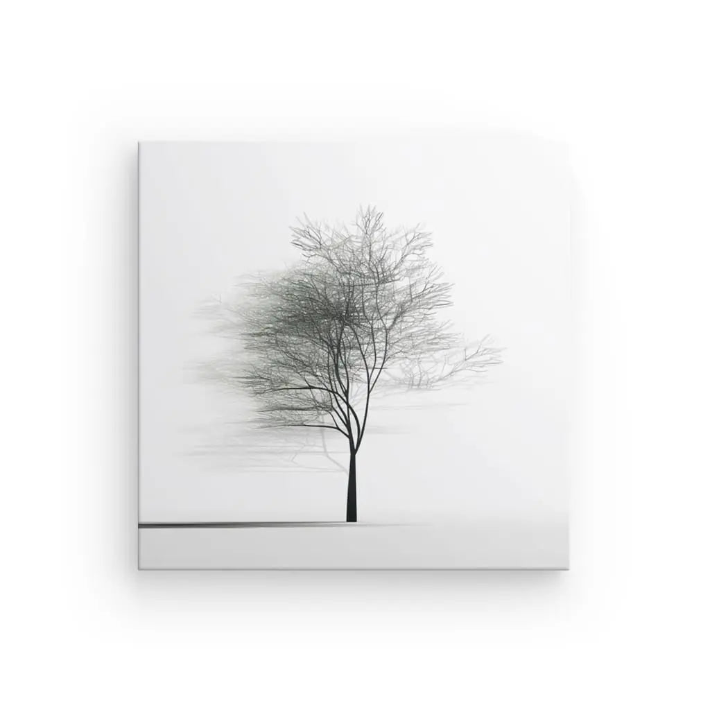 Description : Œuvre d'art minimaliste représentant un seul arbre sans feuilles avec de légers effets d'ombre sur un fond blanc, capturant l'essence du Tableau Arbre Minimaliste Nature Originale Noir et Blanc.