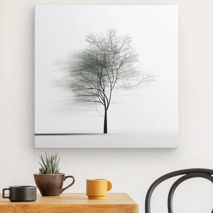 Une peinture minimaliste représentant un Tableau Arbre Minimaliste Nature Originale Noir et Blanc est accrochée sur un mur blanc au-dessus d'une table en bois avec une tasse noire, une tasse jaune, une petite plante en pot et une partie d'une chaise noire en vue.