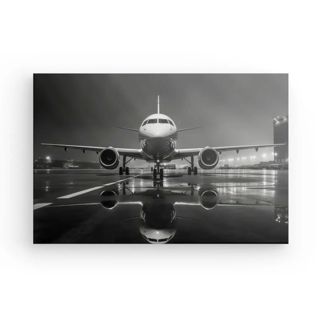 Tableau Avion Jet Photographie Nocturne Noir et Blanc sur un tarmac mouillé la nuit, capturé dans une photographie noir et blanc, avec reflet sur la surface.