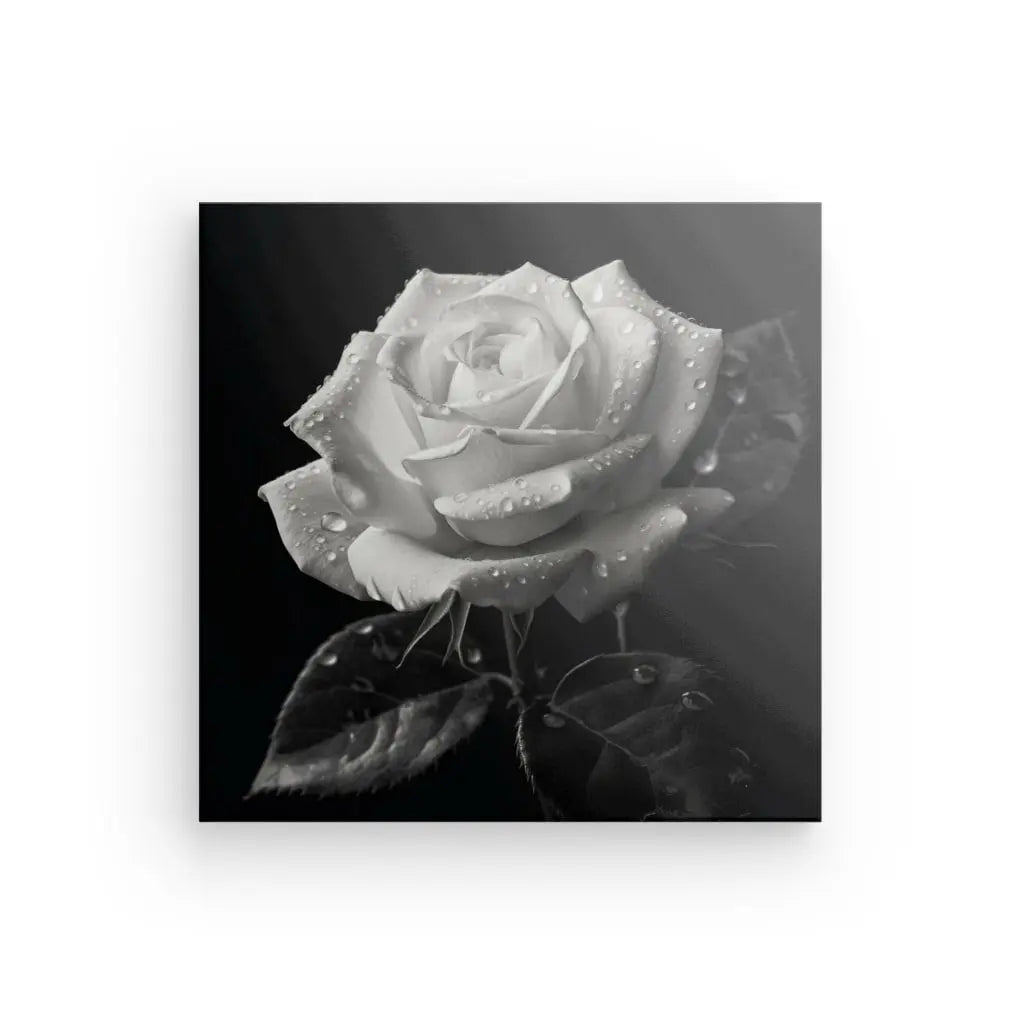 Un Tableau Rose Nature Morte Fleur Noir et Blanc d'une rose avec des gouttelettes d'eau sur ses pétales, créé à l'aide d'encres latex HP.