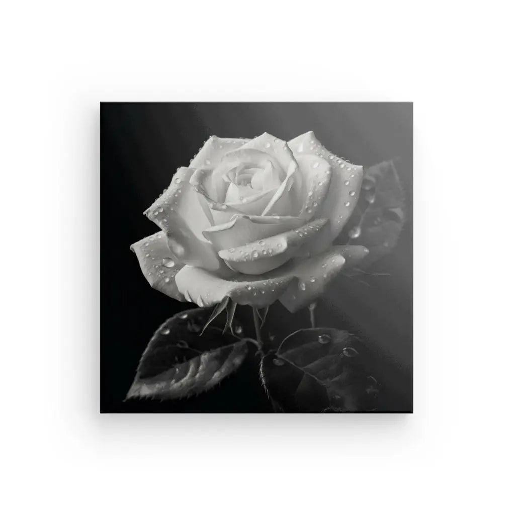 Un Tableau Rose Nature Morte Fleur Noir et Blanc de haute qualité représentant une photo en noir et blanc d'une rose avec des gouttelettes d'eau sur les pétales, rehaussée par des encres latex HP pour une définition d'impression époustouflante.