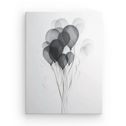 Tableau Ballons Baudruche Abstrait Design Noir et Blanc dans différentes nuances de gris, représenté sur une toile blanche avec des encres latex HP de haute qualité.