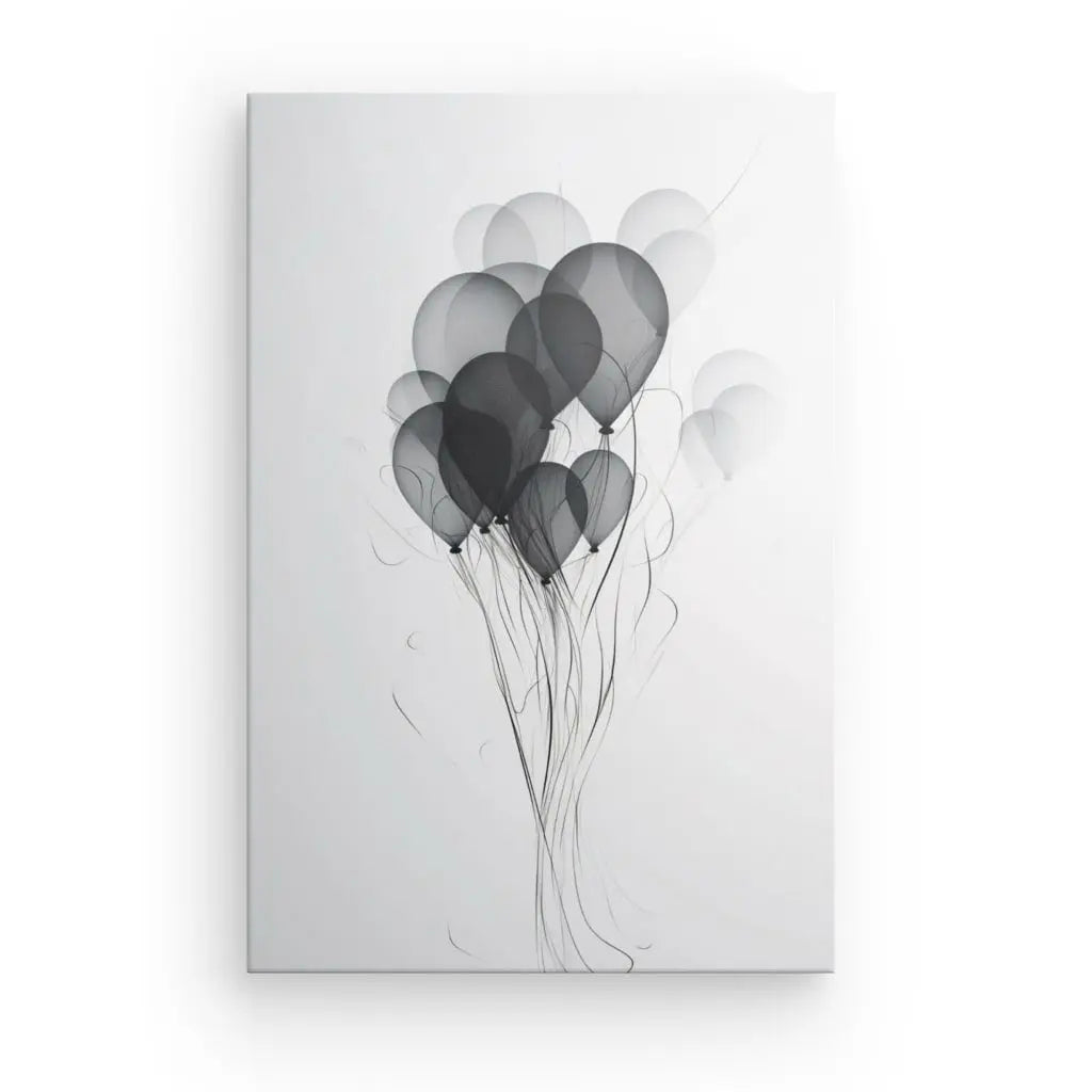 Tableau Ballons Baudruche Abstrait Design Noir et Blanc avec des ficelles froncées en bas, représentés dans un style minimaliste sur fond blanc, transformés en élégantes impressions sur toile sur un cadre tendu.