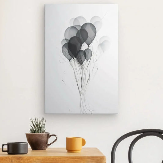 Une toile tendue représentant un Tableau Ballons Baudruche Abstrait Design Noir et Blanc est accrochée à un mur blanc au-dessus d'une étagère en bois avec une plante et deux tasses.