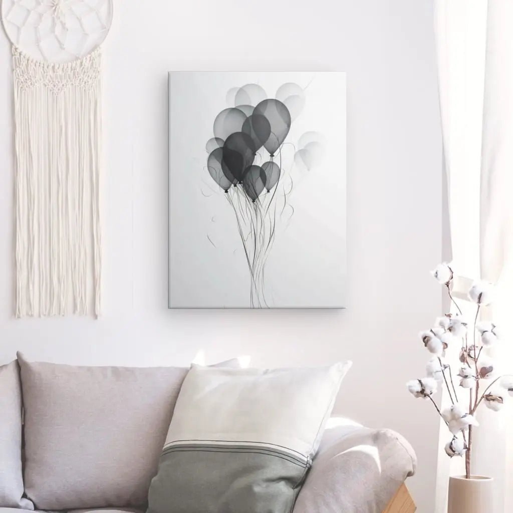 Un coin salon paisible avec un canapé gris, des coussins et un Tableau Ballons Baudruche Abstrait Design Noir et Blanc représentant des ballons sur une impression sur toile sur châssis tendu.