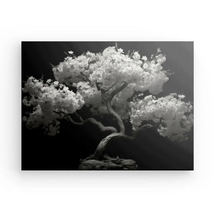 Tableau Cerisier Japonais Arbre Noir et Blanc Impression sur toile d'un arbre stylisé au feuillage semblable à un nuage, créée à l'aide d'encres latex HP.