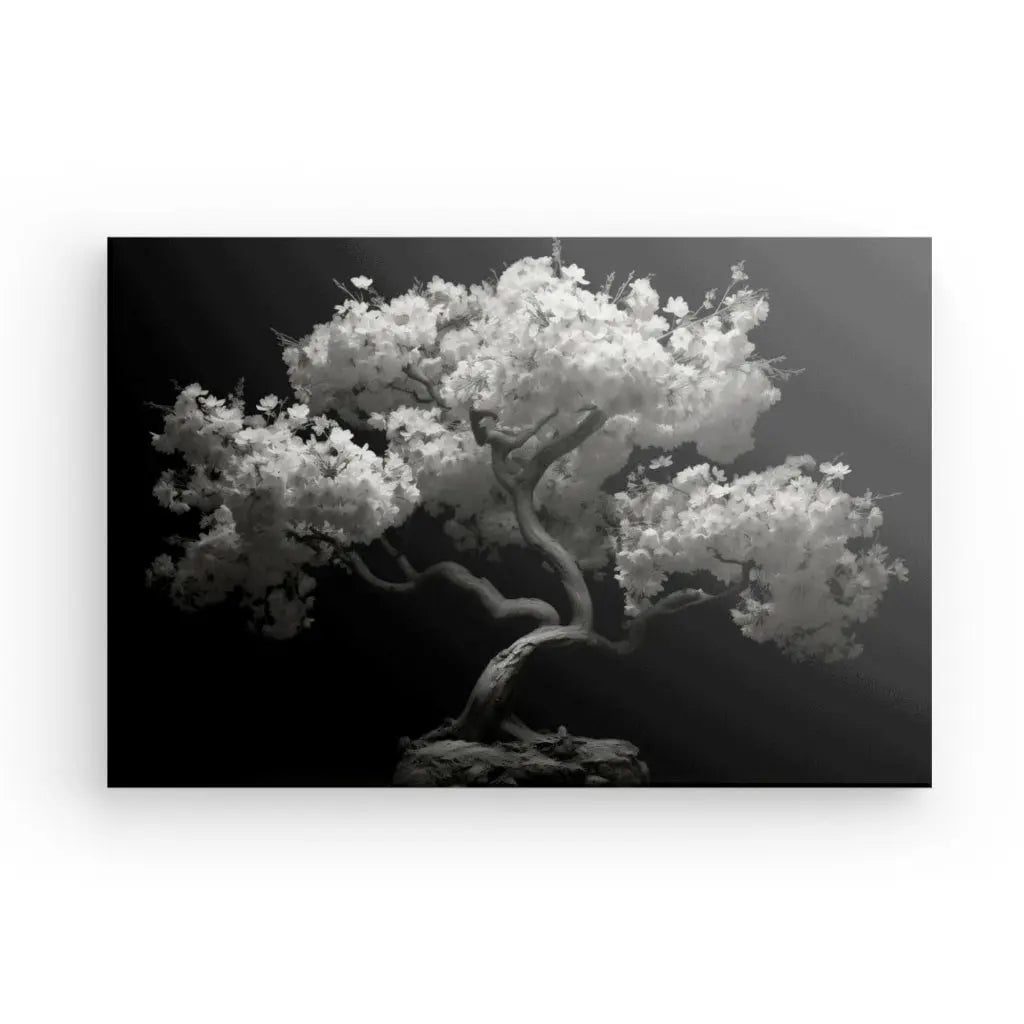 Impression sur toile en noir et blanc d'un arbre solitaire avec un tronc tordu et un feuillage dense ressemblant à des nuages, créée à l'aide d'encres latex HP pour une définition d'impression améliorée.