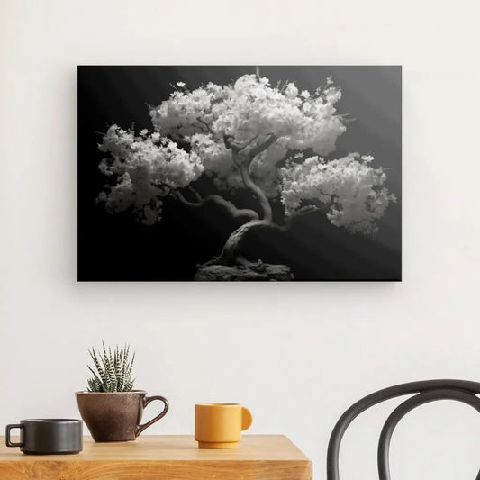 Impressions sur toile Tableau Cerisier Japonais Arbre Noir et Blanc exposées au-dessus d'un bureau à domicile moderne avec des plantes décoratives et une tasse.